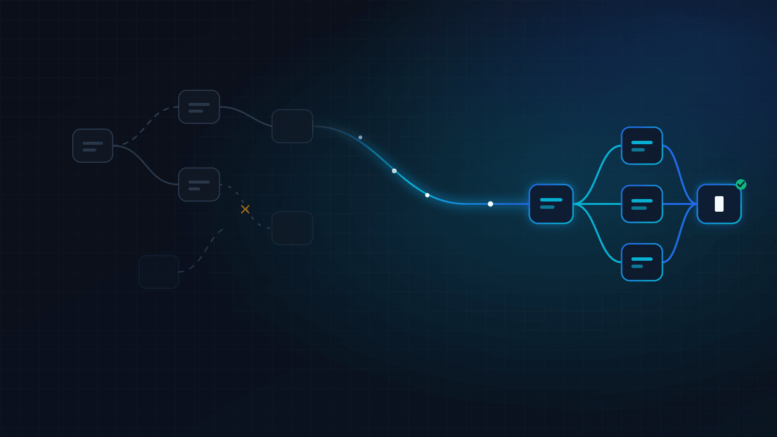 A dim, fragmented workflow on the left streaming into a clean, glowing workflow on the right